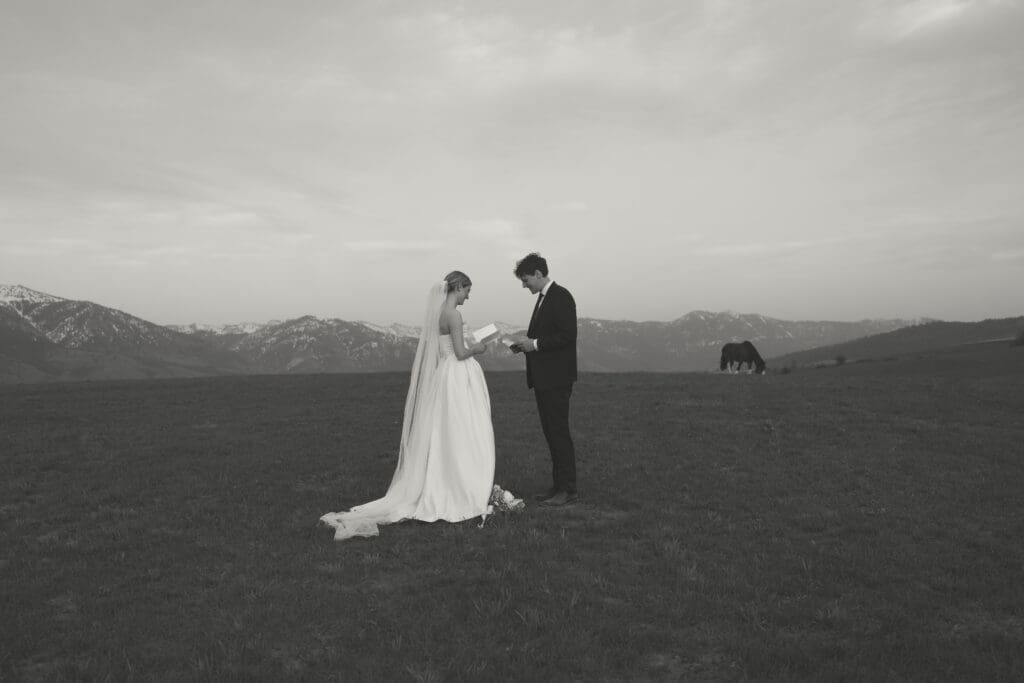 bride and groom saying vows at wedding ceremony with horses in background behind